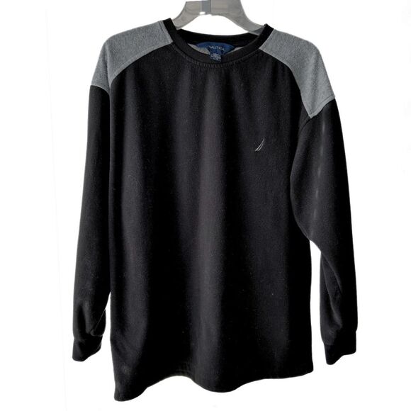 Nautica Pullover Fleece Crew Neck Black Gray Long Sleeve Sweater Men’s Sz L - Picture 2 of 8
